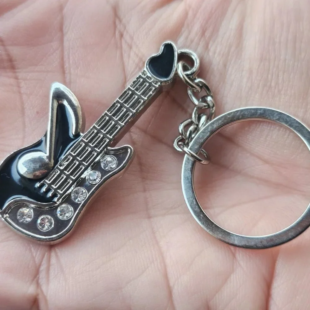 Guitar Keychain Silver/Black Tone Metal Keys Holder Crystal Accent Key Chain
